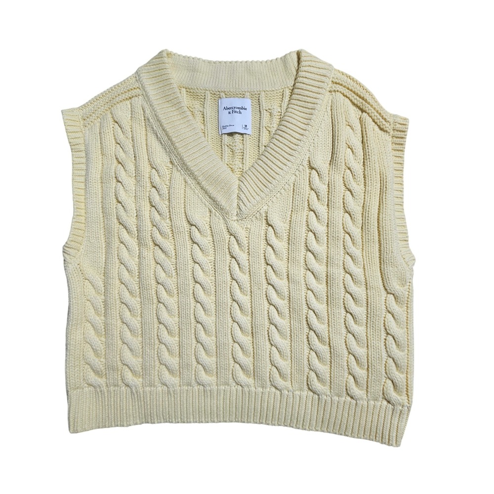 Abercrombie & Fitch Cable Knit Sweater Vest V-Neck M Butter Yellow Preppy Staple